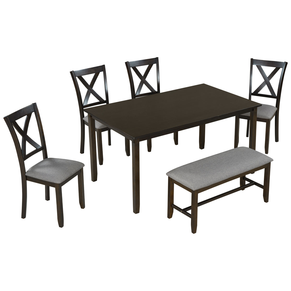 TREXM 6-Piece Kitchen Dining Table Set Wooden Rectangular Dining Table, 4 Fabric Chairs and Bench Family Furniture (Espresso) - Home Elegance USA