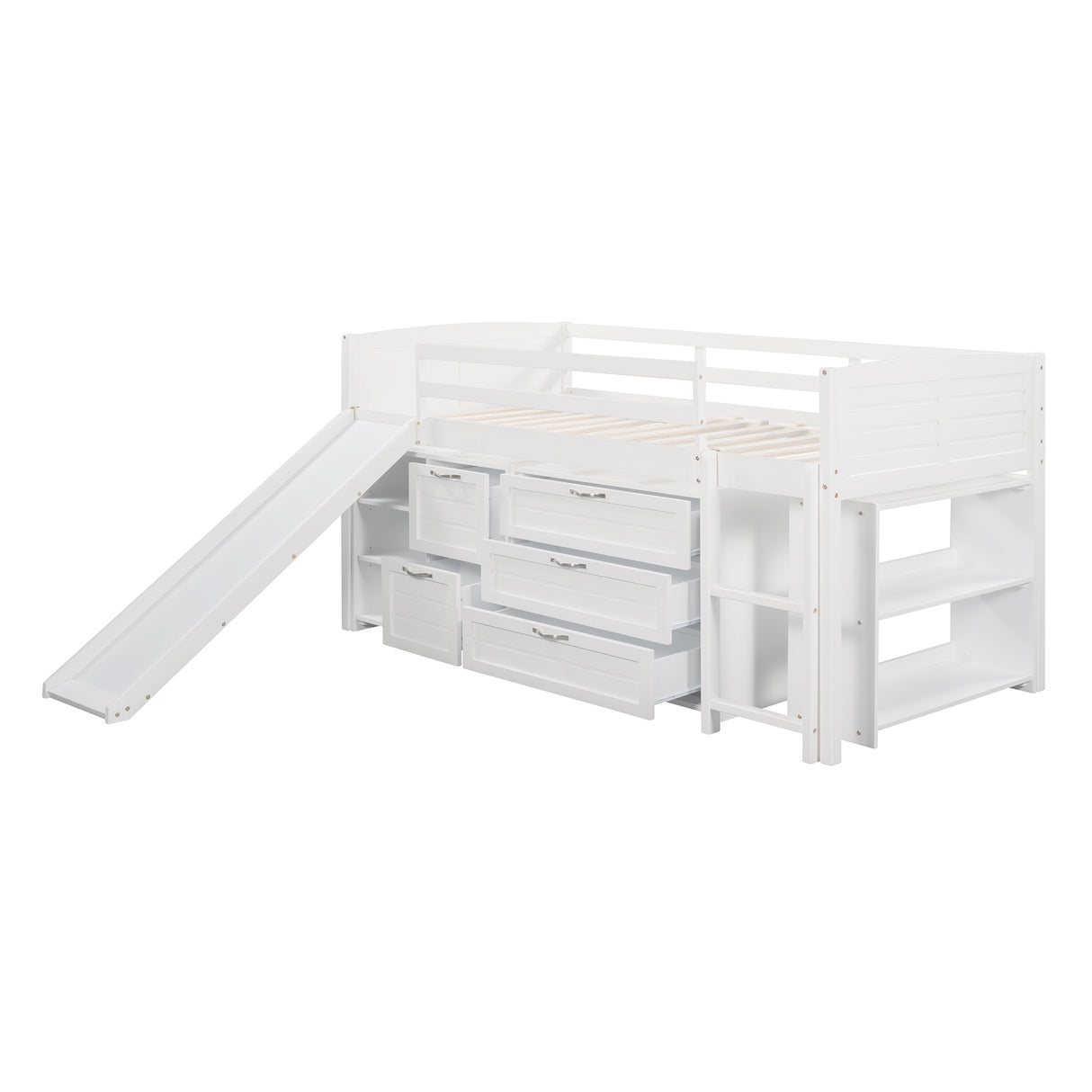 Low Twin Size Loft Bed with Cabinets, Shelves and Slide - White(OLD SKU :LP000503AAK)