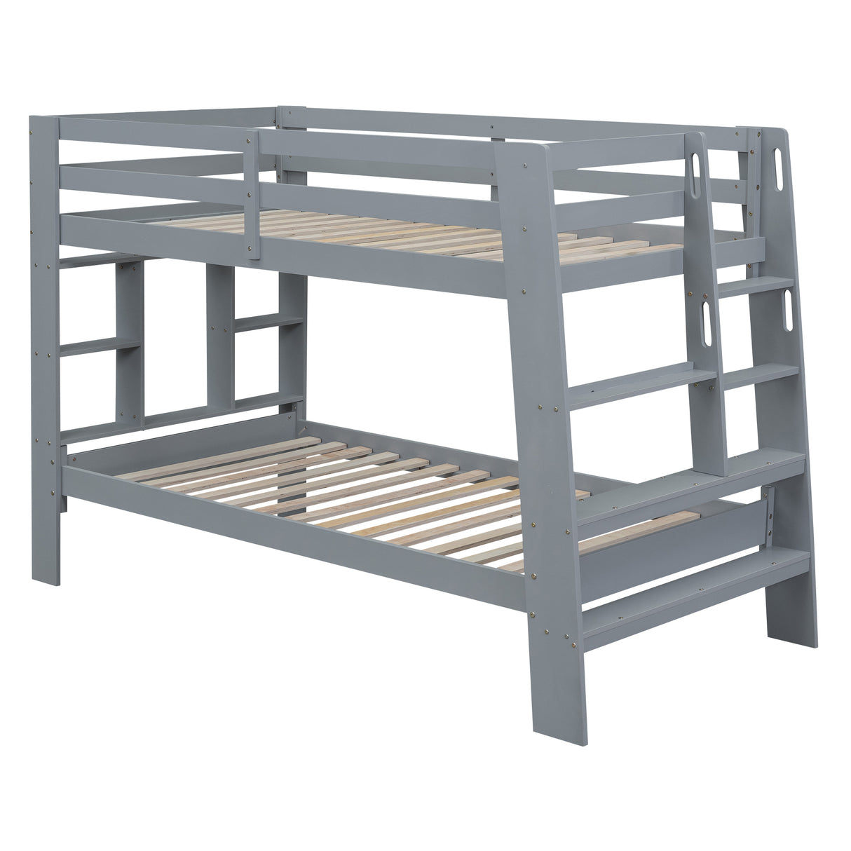 Twin over Twin Bunk Bed with Shelves and Built-in Ladder,  Gray (Expected Arrival Time:8.10) - Home Elegance USA