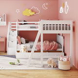 Twin over Full L-Shaped Bunk Bed With 3 Drawers, Ladder and Staircase - White - Home Elegance USA