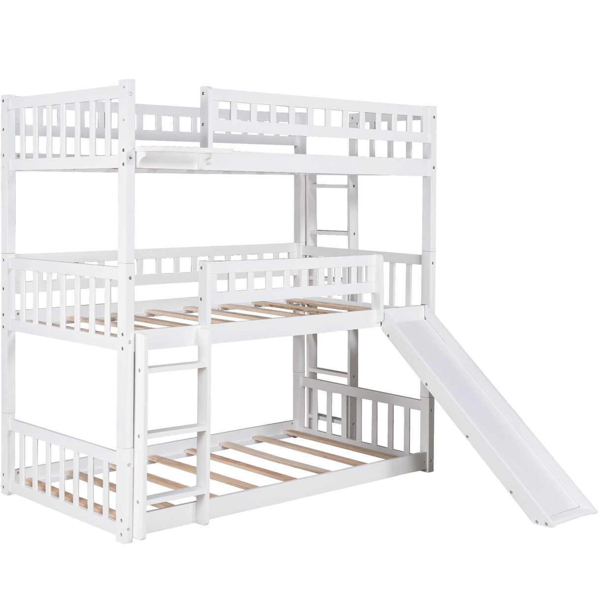 Twin-Over-Twin-Over-Twin Triple Bed with Built-in Ladder and Slide , Triple Bunk Bed with Guardrails, White - Home Elegance USA