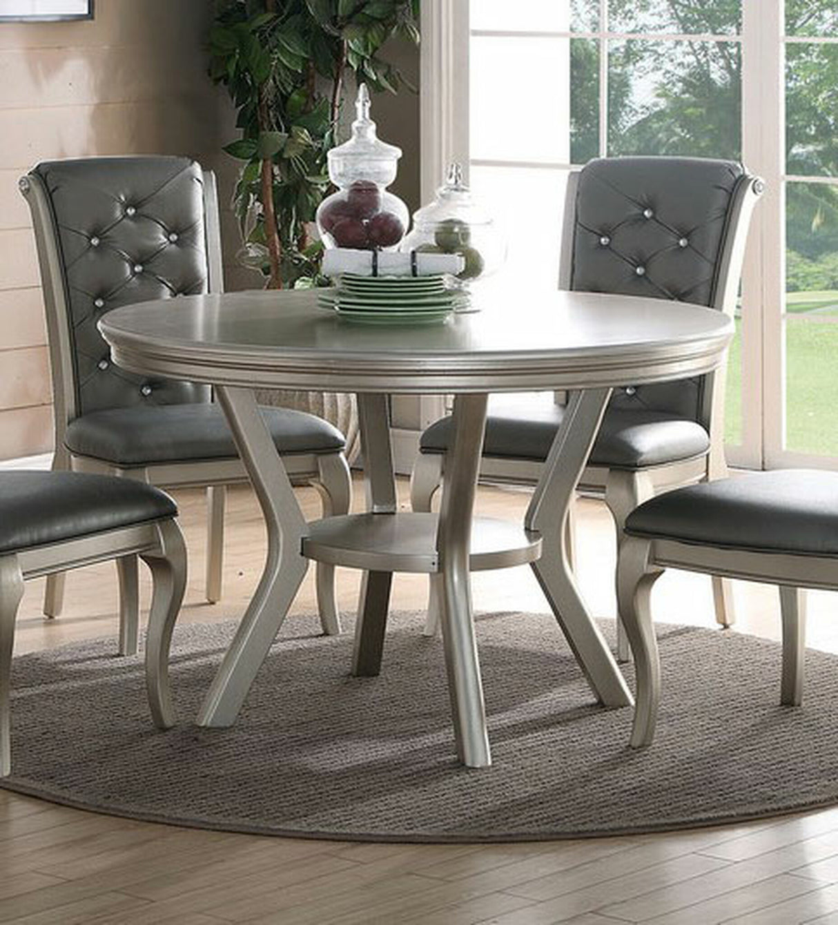 Formal Traditional Dining Table Round Table Silver Hue 5pc Dining Table w Shelf 4x Side Chairs Tufted Back Dining Room Furniture - Home Elegance USA