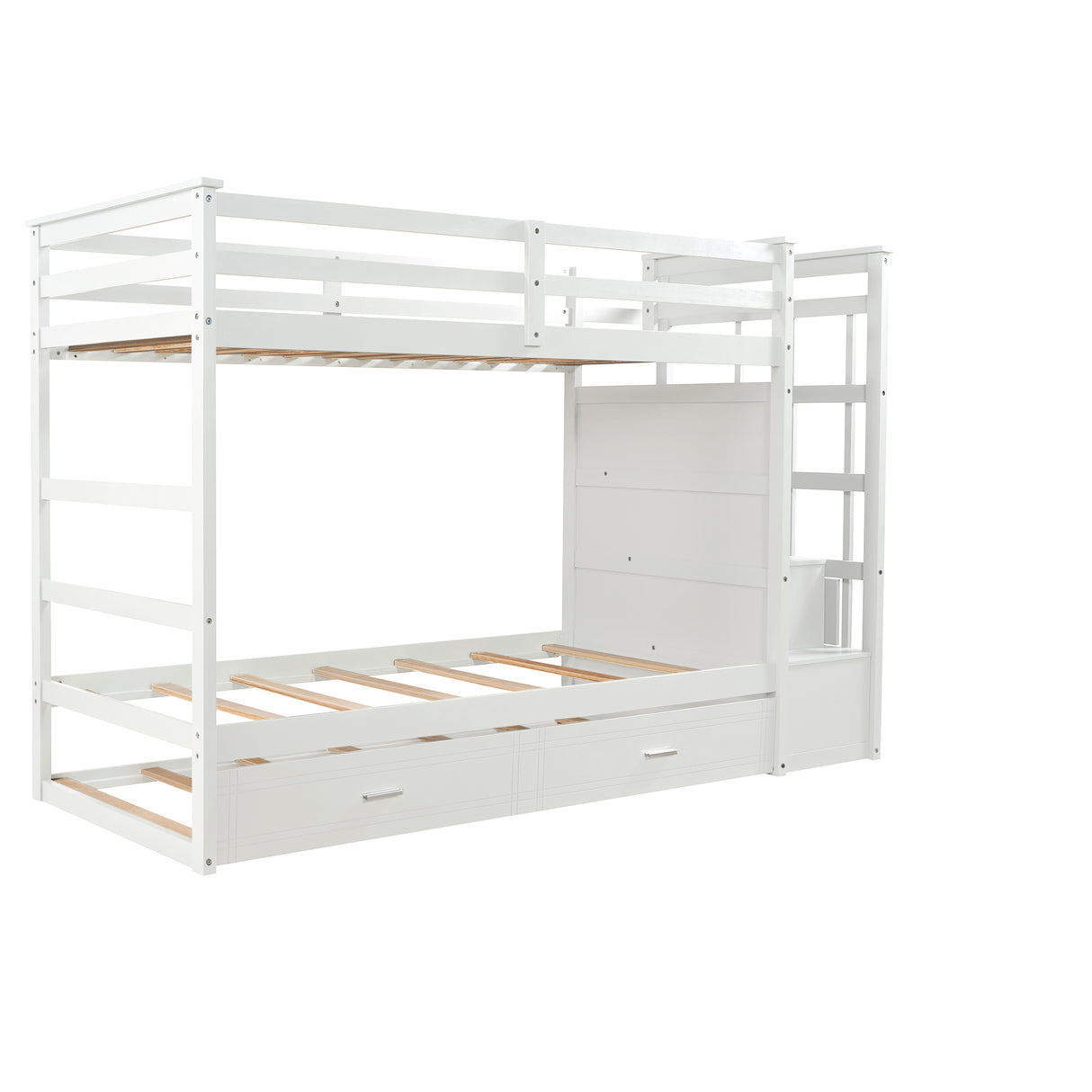 Solid Wood Bunk Bed, Hardwood Twin Over Twin Bunk Bed with Trundle and Staircase, Natural White Finish(OLD SKU :LP000068AAP) - Home Elegance USA