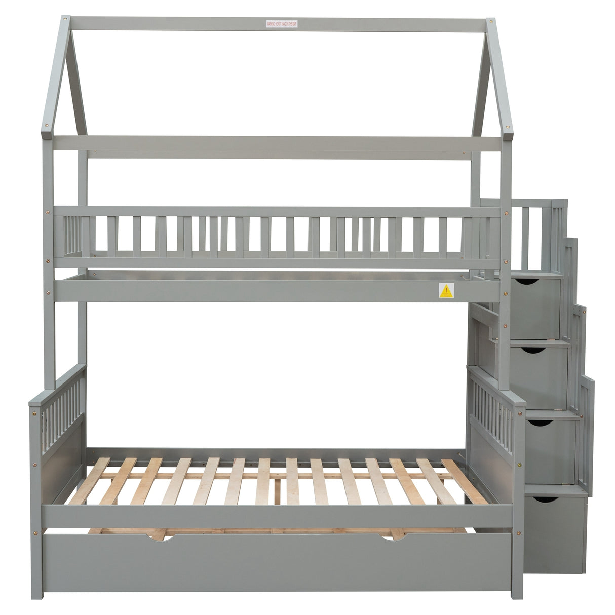 Twin over Full Size House Bunk Bed with Storage Staircase and Trundle,Full-Length Guardrail,Gray - Home Elegance USA