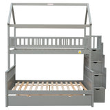 Twin over Full Size House Bunk Bed with Storage Staircase and Trundle,Full-Length Guardrail,Gray - Home Elegance USA