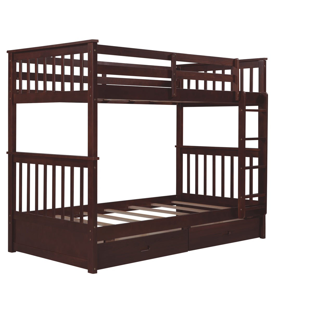 Twin-Over-Twin Bunk Bed with Ladders and Two Storage Drawers (Espresso) - Home Elegance USA