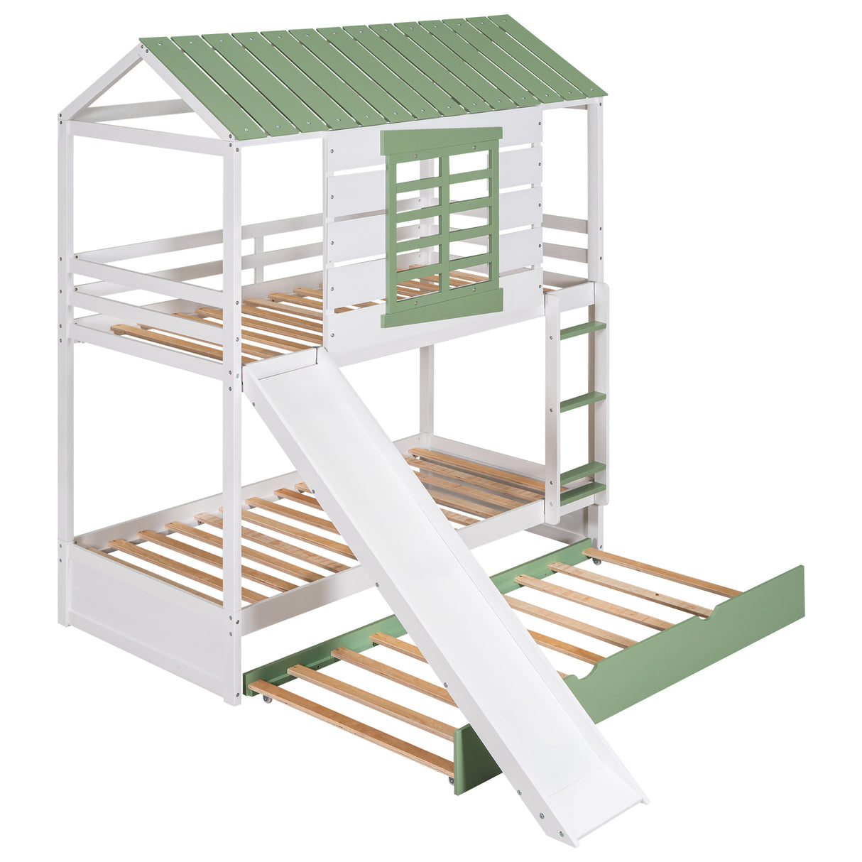 Twin over Twin Size House Bunk Bed with Convertible Slide and Trundle, White+Green - Home Elegance USA