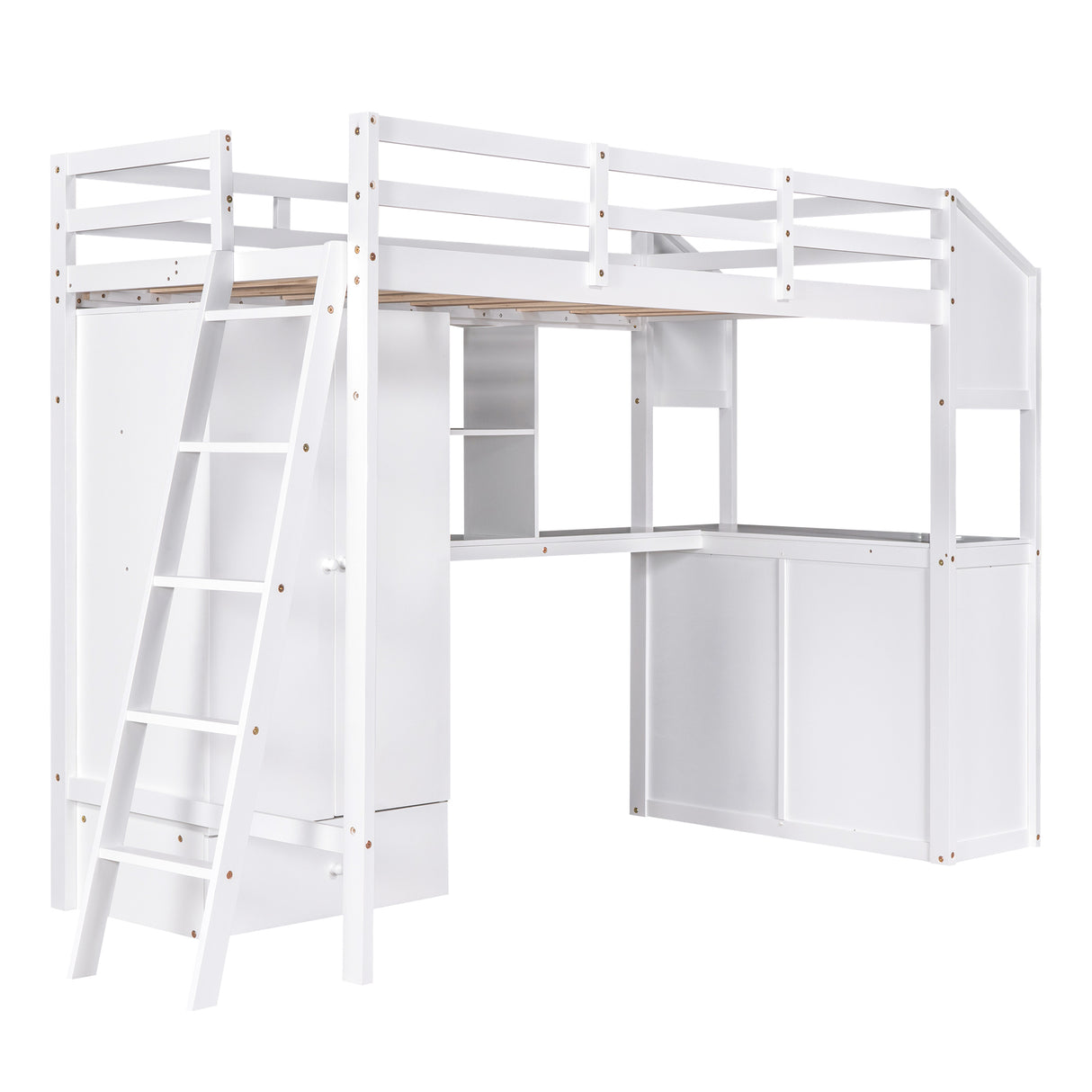 Twin Size Loft Bed with Wardrobe and Drawers, attached Desk with Shelves, White - Home Elegance USA