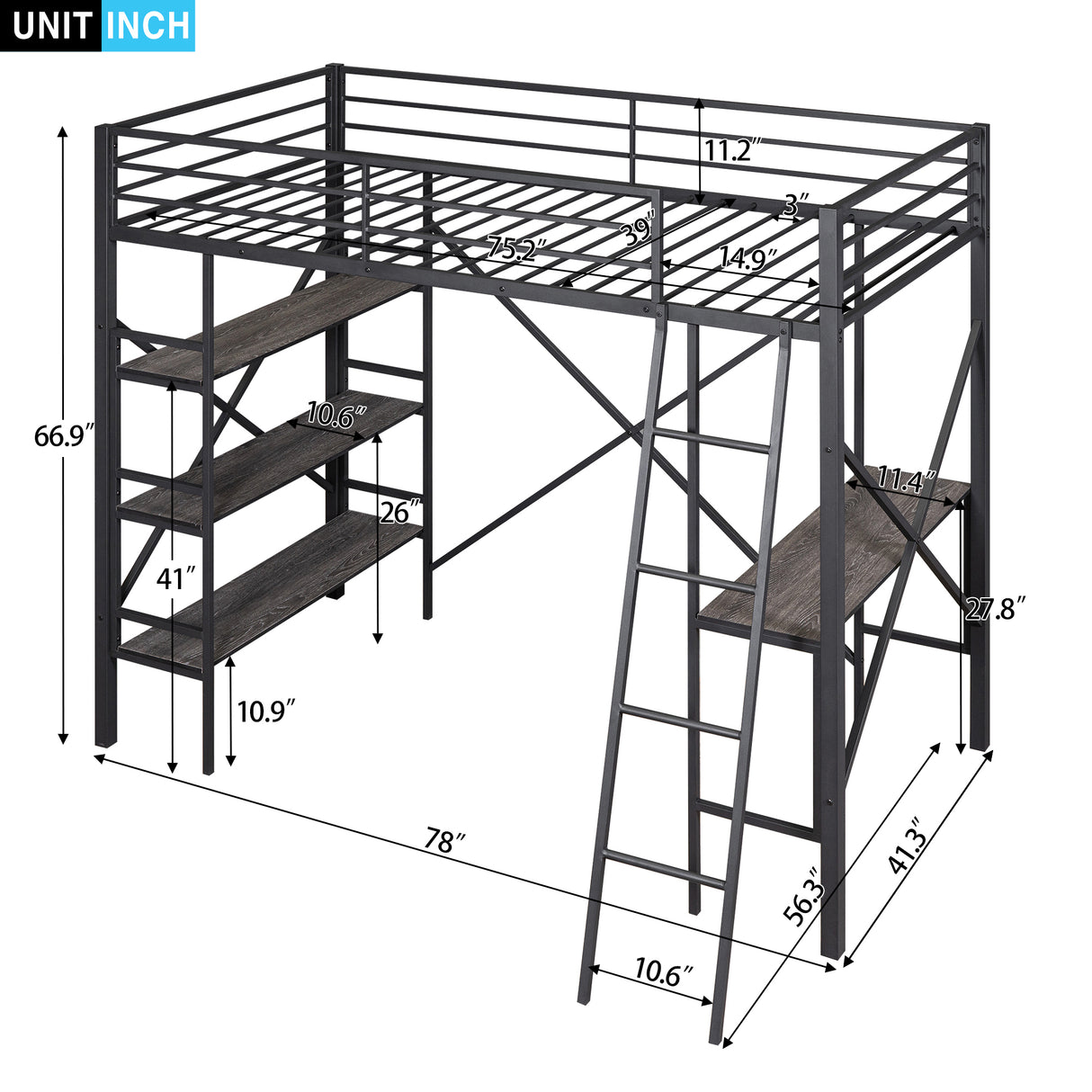 Twin Size Metal Loft Bed with Shelves and Desk, Black (Old SKU:SM001102AAB) - Home Elegance USA