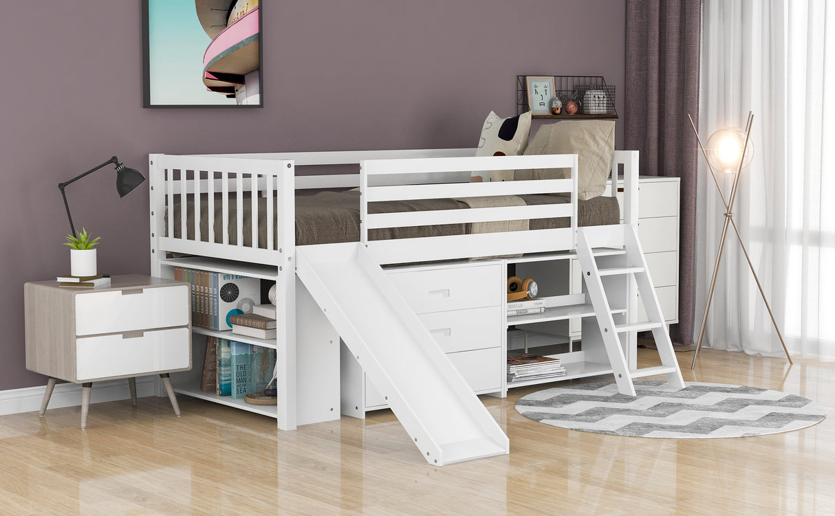 Low Loft Bed with Attached Bookcases and Separate 3-tier Drawers,Convertible Ladder and Slide,Twin,White - Home Elegance USA