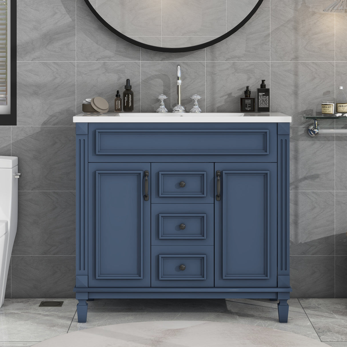 36'' Bathroom Vanity with Top Sink, Royal Blue Mirror Cabinet, Modern Bathroom Storage Cabinet with 2 Soft Closing Doors and 2 Drawers, Single Sink Bathroom Vanity