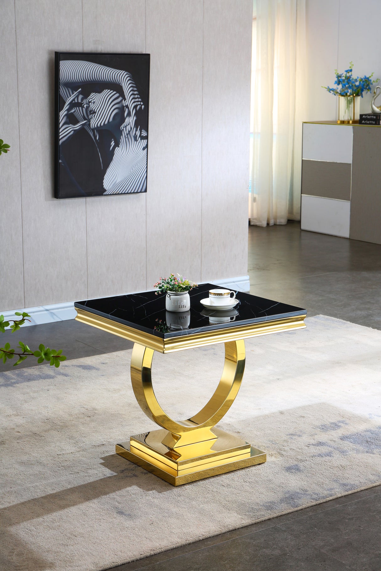 Modern Square Black Marble End Table, 0.71" Thick Marble Top, U-Shape Stainless Steel Base with Gold Mirrored Finish - Home Elegance USA