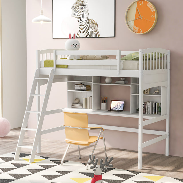 Twin size Loft Bed with Storage Shelves, Desk and Ladder, White(OLD SKU :LP000140KAA) - Home Elegance USA