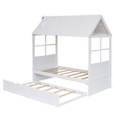 Twin Size Wood House Bed With Twin Size Trundle, Wooden Daybed, White