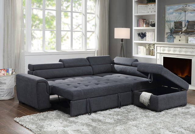 Haris Dark Gray Fabric Sleeper Sofa Sectional with Adjustable Headrest and Storage Ottoman - Home Elegance USA