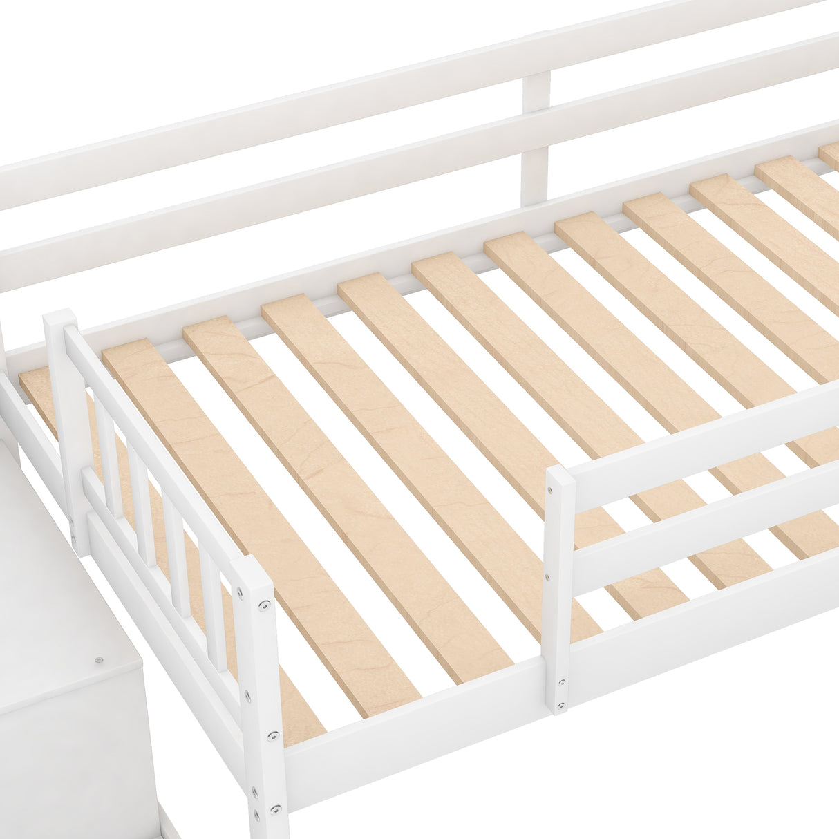 Twin Size Low Loft Bed with Adjustable Slide and Staircase, White - Home Elegance USA