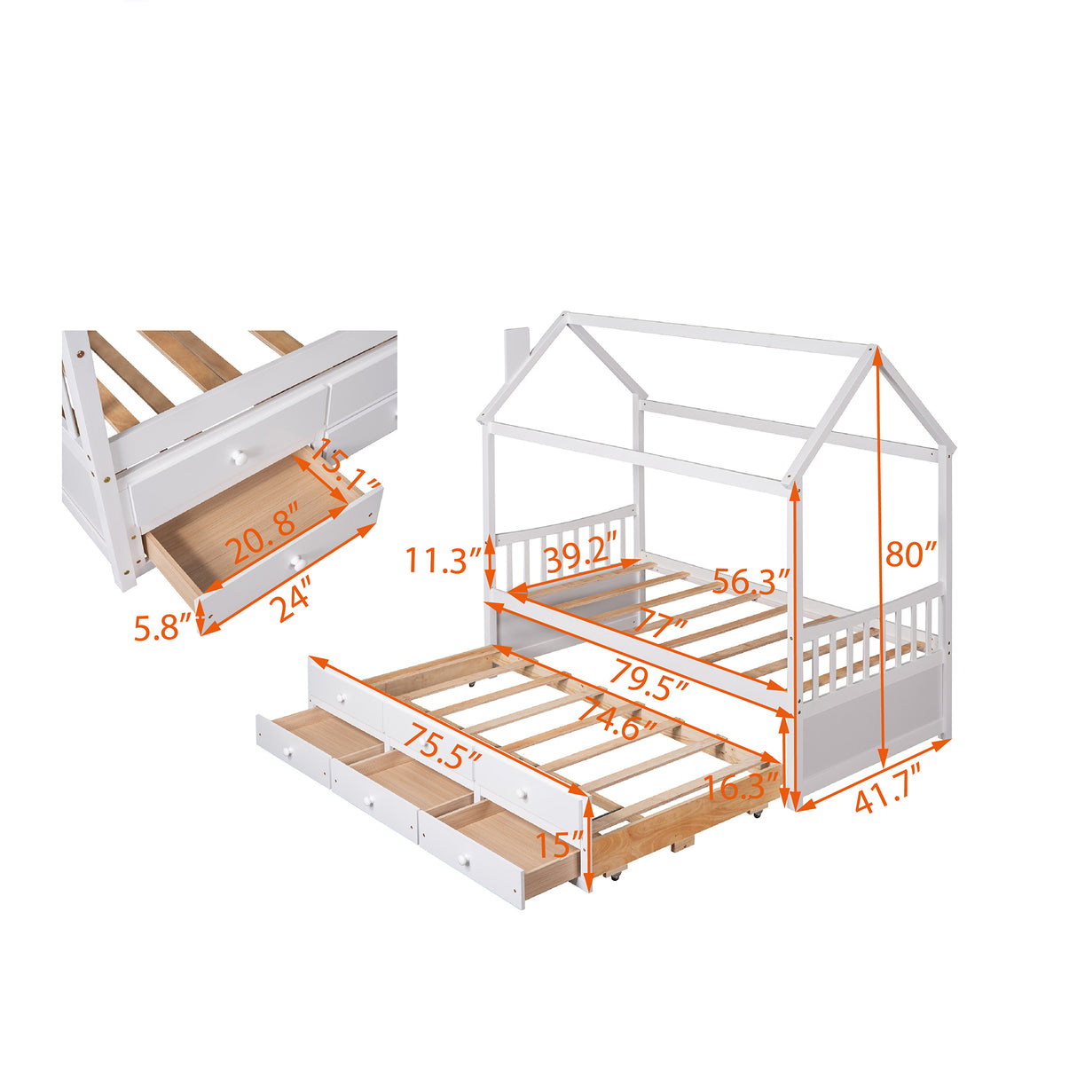 Twin size Wooden House Bed with Trundle and 3 Storage Drawers-White - Home Elegance USA