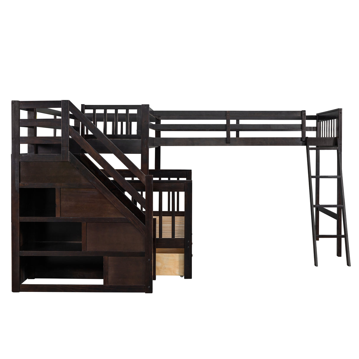 Twin over Full L-Shaped Bunk Bed With 3 Drawers, Ladder and Staircase - Espresso - Home Elegance USA