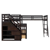 Twin over Full L-Shaped Bunk Bed With 3 Drawers, Ladder and Staircase - Espresso - Home Elegance USA