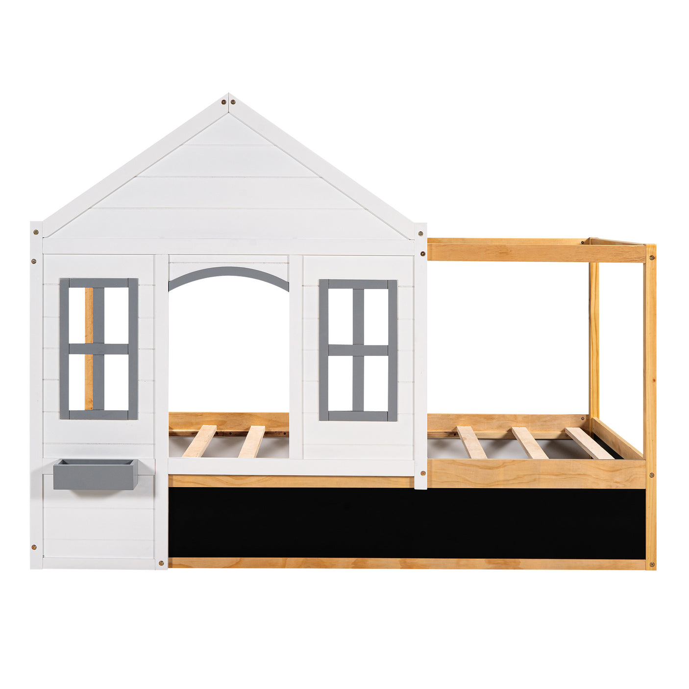 Twin Size House Shaped Canopy Bed with Black Roof and White Window,Blackboard and Little Shelf,White - Home Elegance USA