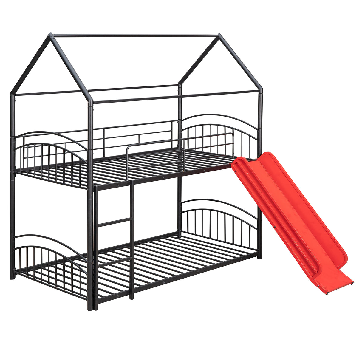 Twin Over Twin Metal Bunk Bed With Slide,Kids House Bed Black+Red - Home Elegance USA