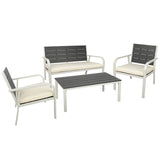 4 Pieces Patio Garden Sofa Conversation Set Wood Grain Design PE Steel Frame Loveseat All Weather Outdoor Furniture Set with Cushions Coffee Table for Backyard Balcony Lawn White