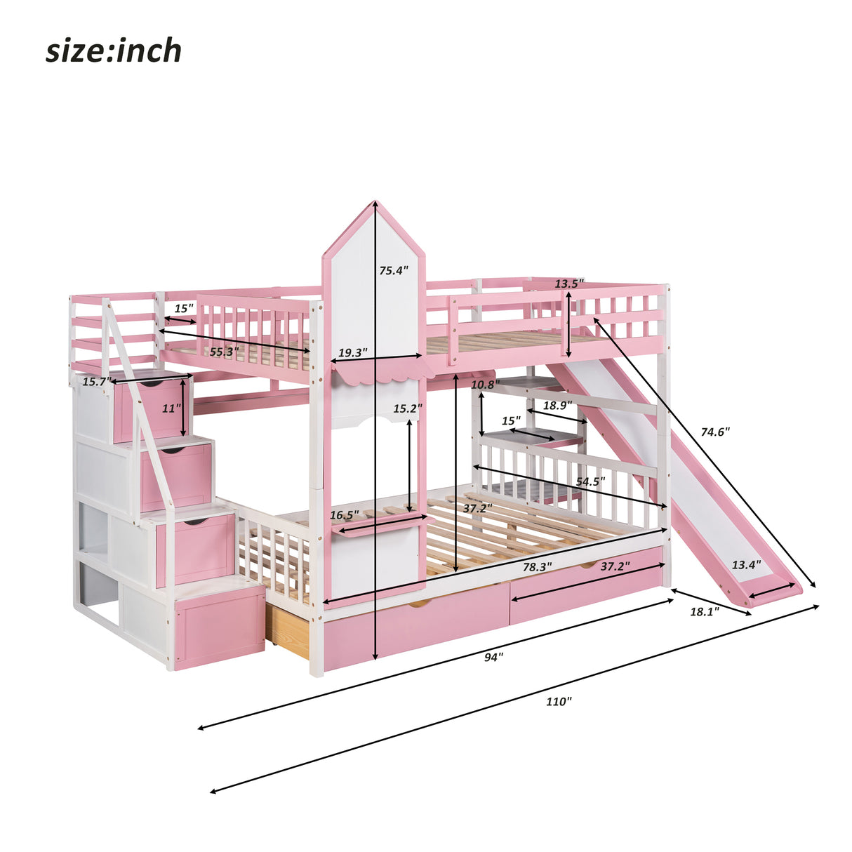 Full-Over-Full Castle Style Bunk Bed with 2 Drawers 3 Shelves and Slide - Pink