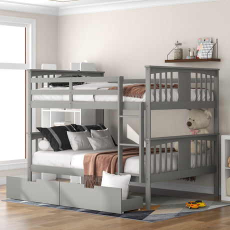 Full over Full Bunk Bed with Drawers and Ladder for Bedroom, Guest Room Furniture-Gray(OLD SKU :LP000205AAE) - Home Elegance USA