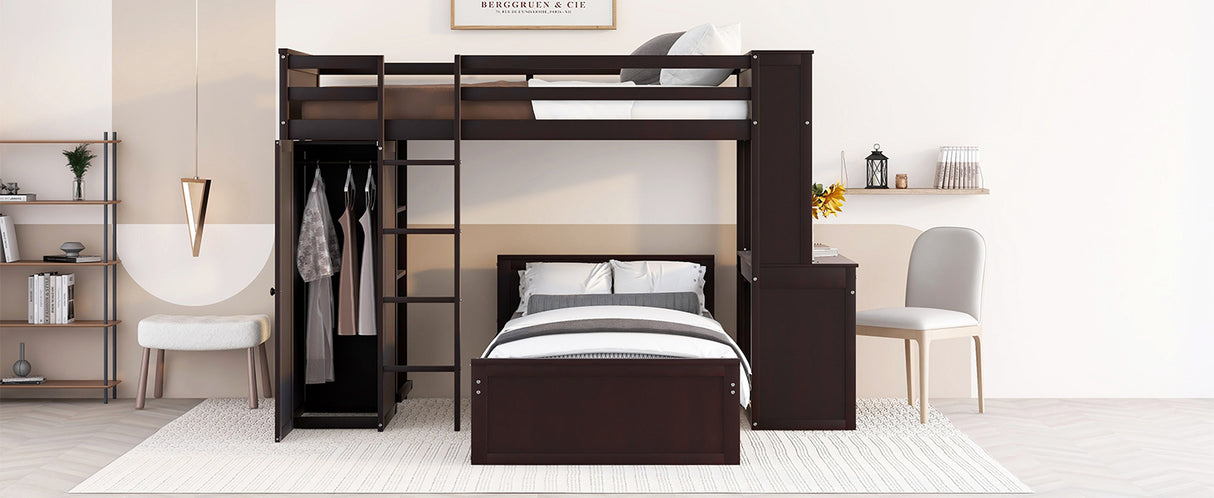 Twin size Loft Bed with a Stand-alone bed, Shelves,Desk,and Wardrobe-Espresso - Home Elegance USA