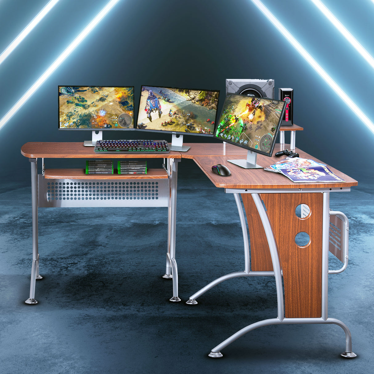 Techni Mobili  Deluxe L-Shaped Computer Desk With Pull Out