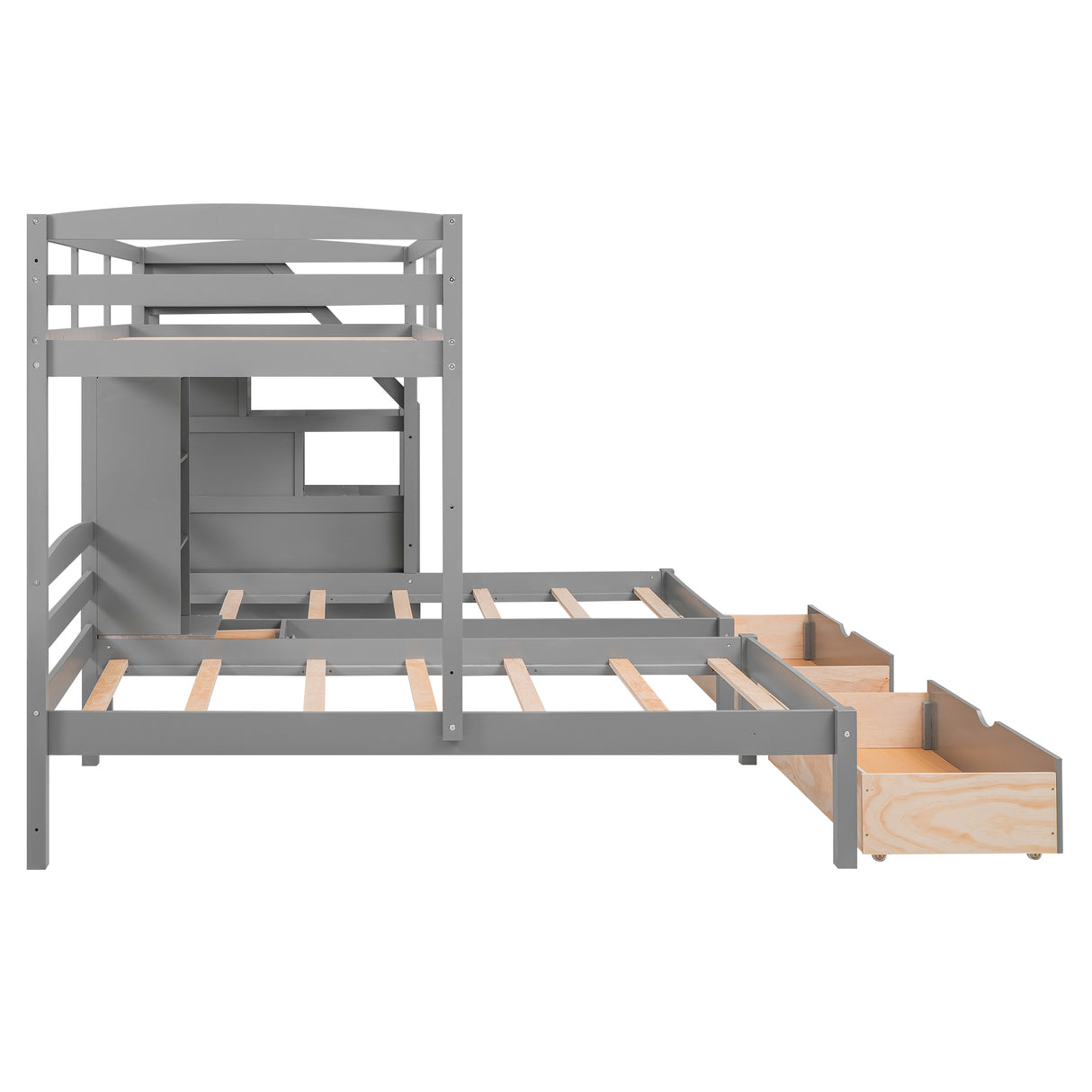 Twin over Twin&Twin Bunk Bed, Triple Bunk Bed with Drawers, Staircase with Storage, Built-in Shelves, Gray - Home Elegance USA