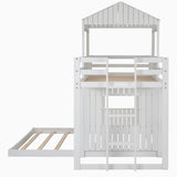 Wooden Twin Over Full Bunk Bed, Loft Bed with Playhouse, Farmhouse, Ladder and Guardrails, White( old sku: LT000027AAK ) - Home Elegance USA
