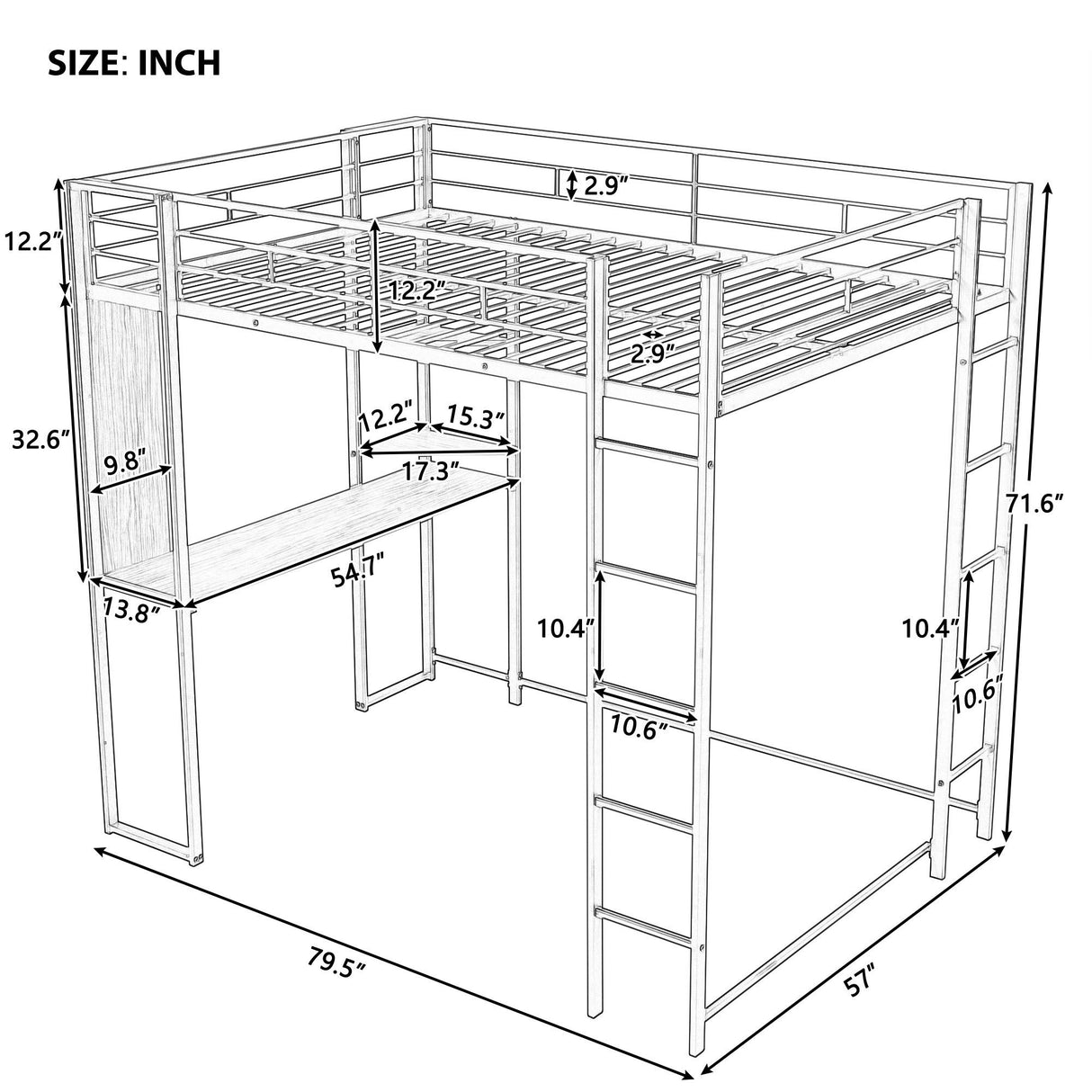 Full Size Metal Loft Bed with 2 Shelves and one Desk ,Black (Old SKU: LP000191AAB )