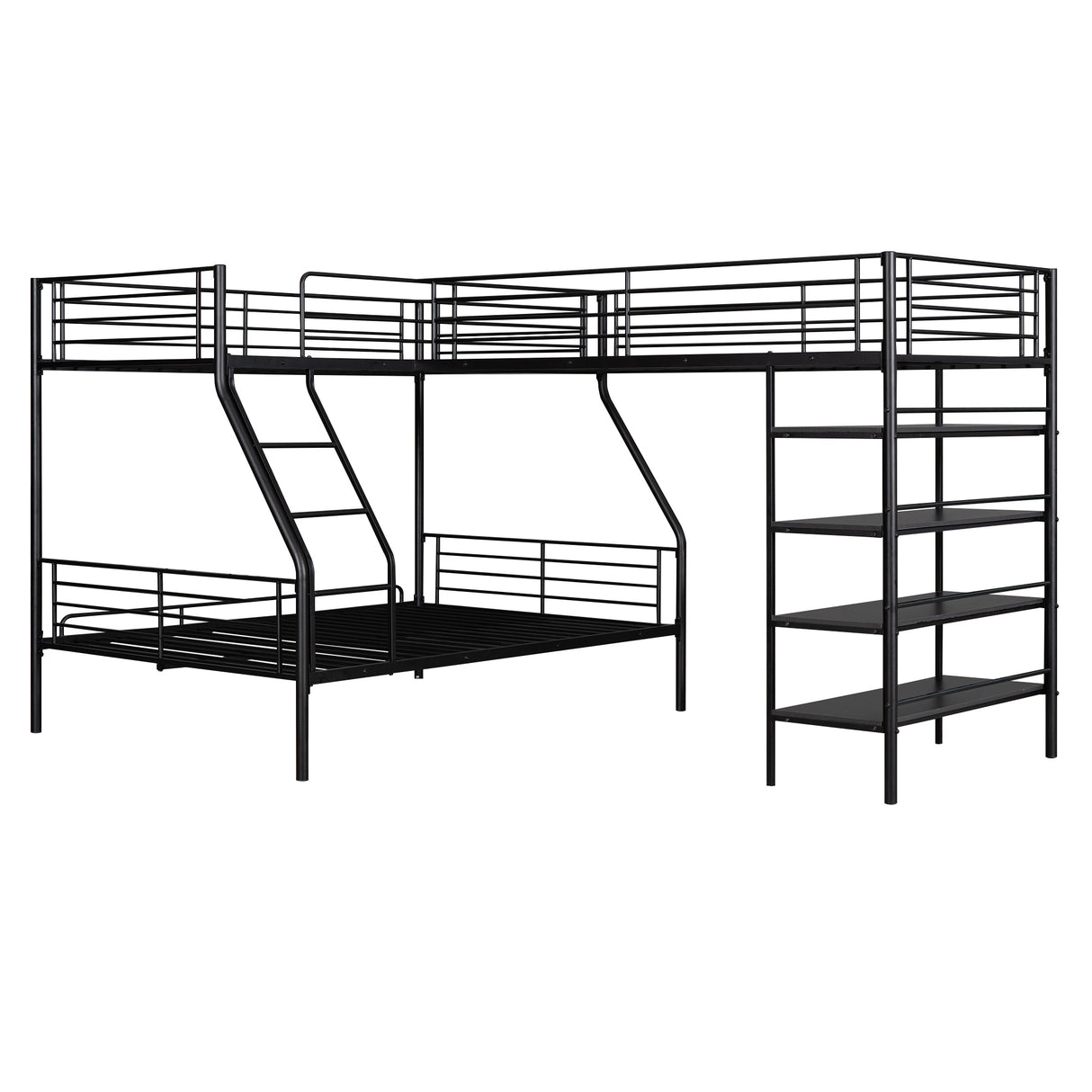 L-Shaped Metal Twin over Full Bunk Bed and Twin Size Loft Bed with Four Built-in Shelves,Black - Home Elegance USA