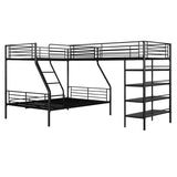 L-Shaped Metal Twin over Full Bunk Bed and Twin Size Loft Bed with Four Built-in Shelves,Black - Home Elegance USA