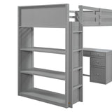 Twin Size Loft Bed with Ladder, Shelves, and Desk, Gray - Home Elegance USA