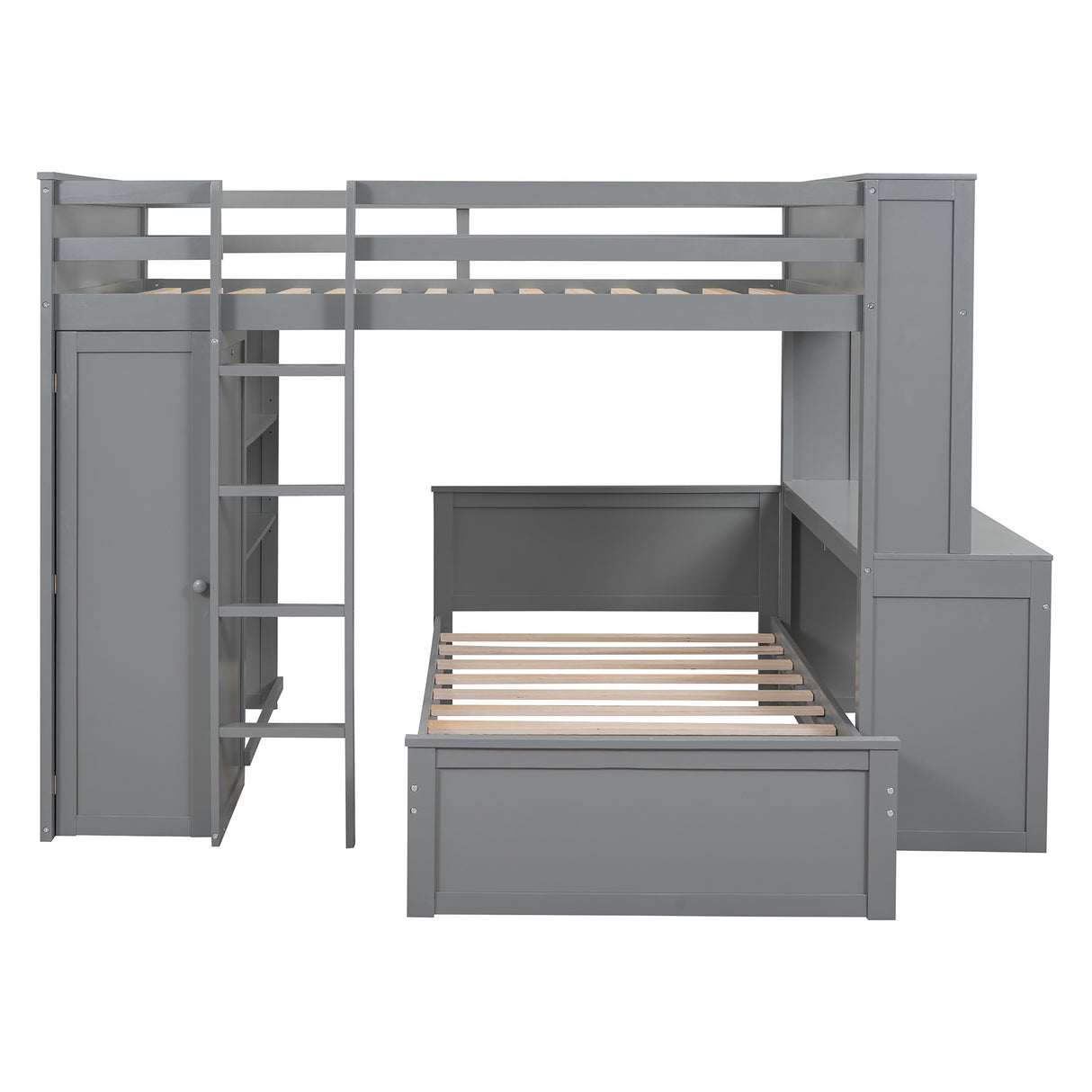 Full size Loft Bed with a twin size Stand-alone bed, Shelves,Desk,and Wardrobe-Gray - Home Elegance USA