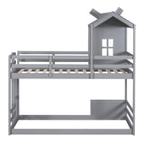 Twin over Twin Bunk Bed with Roof and Window, with Guardrails and Ladder, Gray - Home Elegance USA
