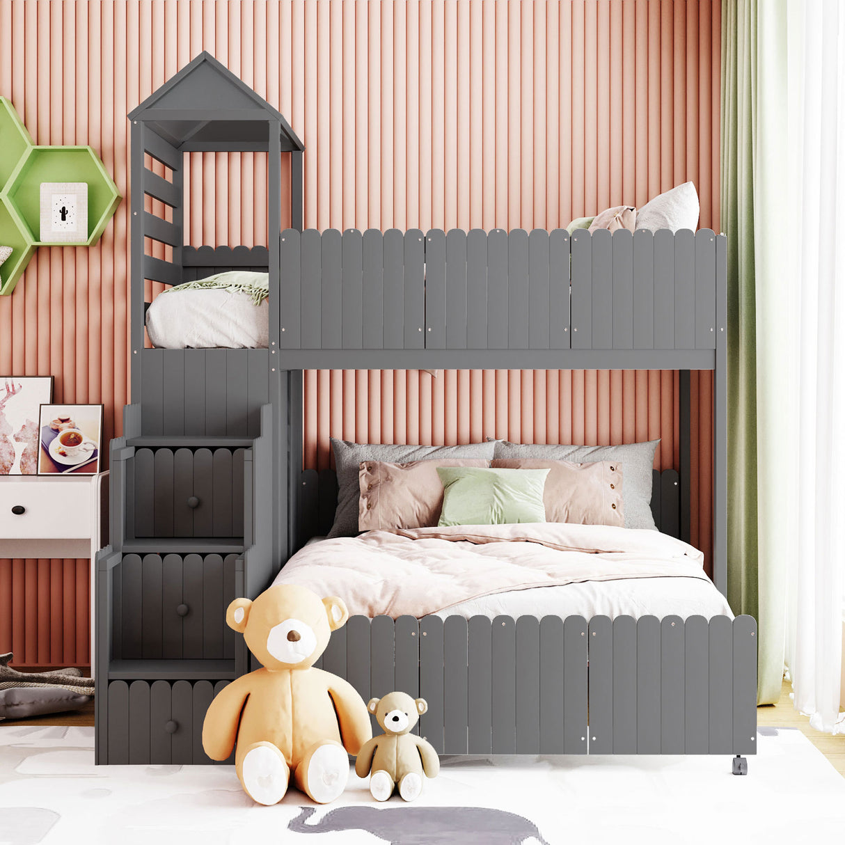 Stairway Twin Over Full Bunk Bed, House Bed with Two Shelves and Seven Drawers,Gray - Home Elegance USA
