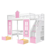 Twin-Over-Twin Bunk Bed with Changeable Table , Bunk Bed  Turn into Upper Bed and Down Desk with 2 Drawers - Pink - Home Elegance USA