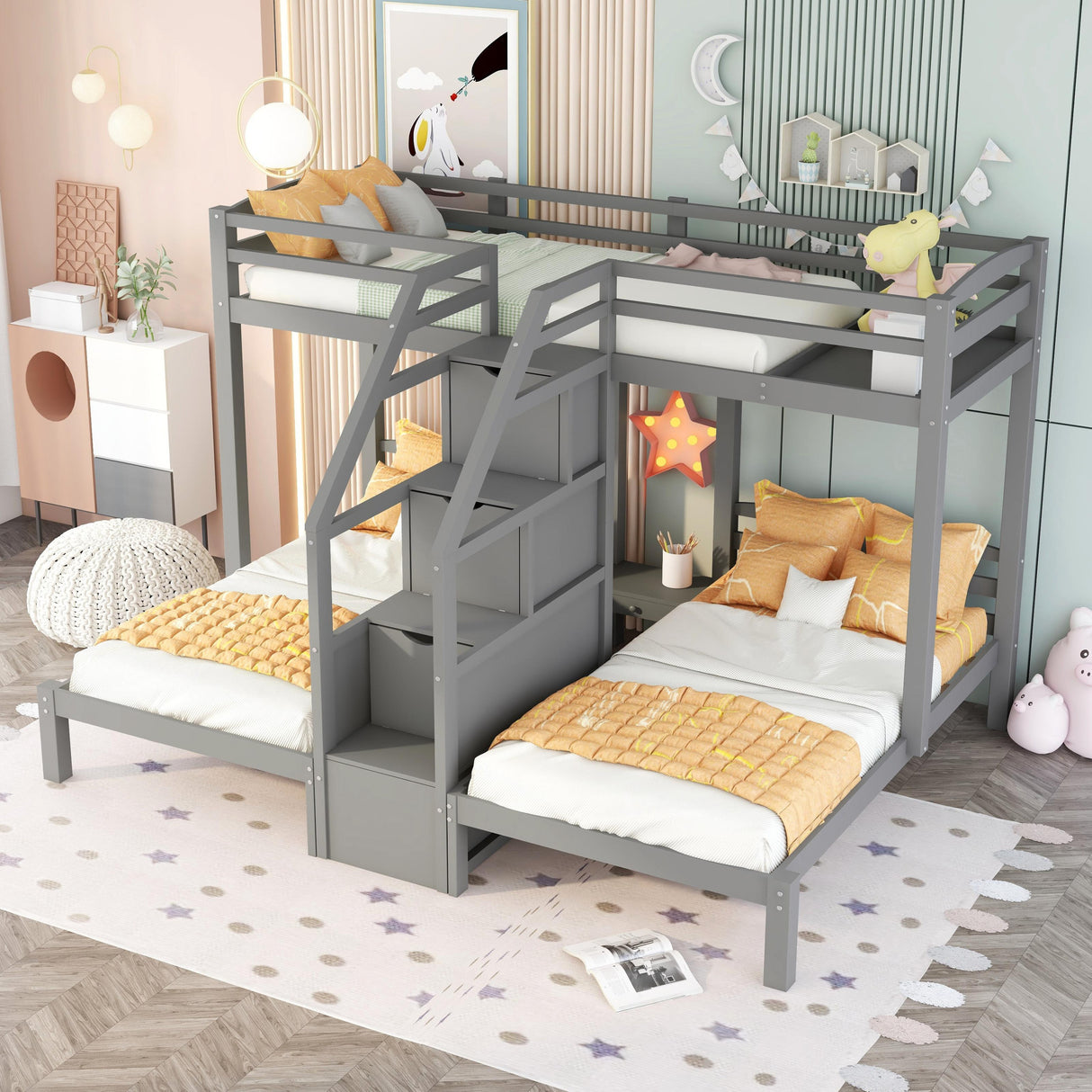 Twin over Twin & Twin Bunk Bed with Built-in Staircase and Storage Drawer,Gray Home Elegance USA
