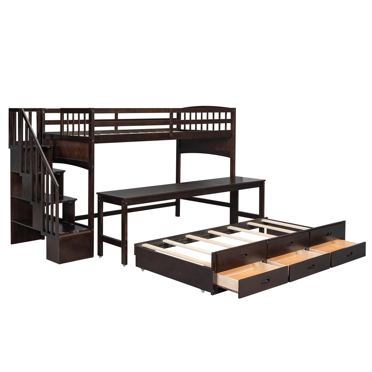 Stairway Twin XL Loft Bed with Twin Size Trundle and 3 Drawers, Storage, Desk, Espresso - Home Elegance USA