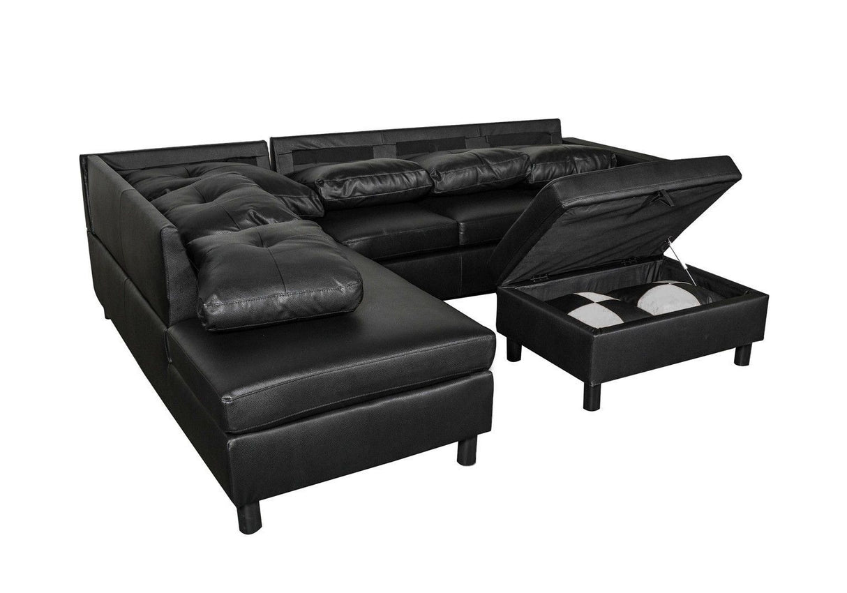 3 Piece Modular Sofa Set, (Black) Faux Leather Right Side Lounger with Free Storage Footrest | Home Elegance USA