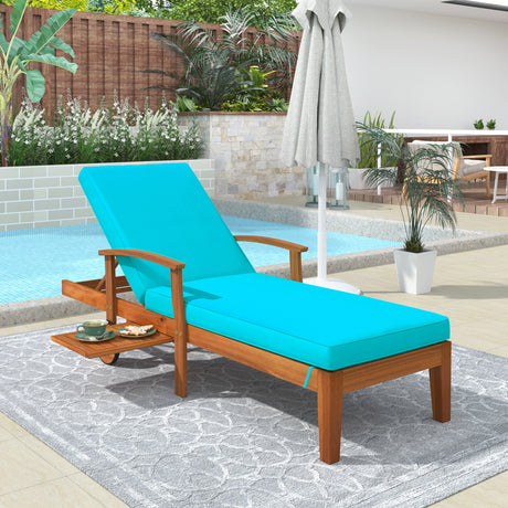 TOPMAX Outdoor Solid Wood 78.8" Chaise Lounge Patio Reclining Daybed with Cushion, Wheels and Sliding Cup Table for Backyard, Garden, Poolside,Brown Wood Finish+Blue Cushion - Home Elegance USA