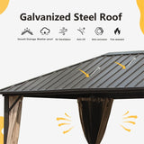 10'x12' Permanent Outdoor Galvanized Steel Roof Gazebo with Aluminum Frame, Pavilion Metal Gazebos with Netting & Curtains for Garden, Patios, Lawns, Parties(Dark Brown)