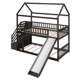 Twin Over Twin Bunk Bed with Drawers and Slide, House Bed with Slide,Espresso(OLD SKU :LT000215AAP) - Home Elegance USA