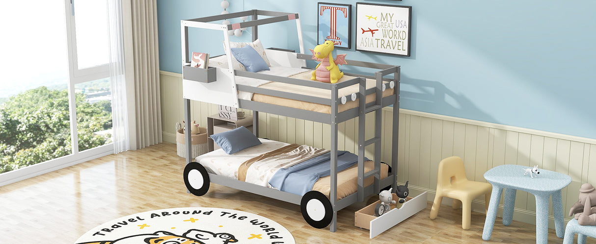 Twin over Twin Car-Shaped Bunk Bed with Wheels, Drawers and Shelves, Gray (Expected Arrival Time:7.30) - Home Elegance USA