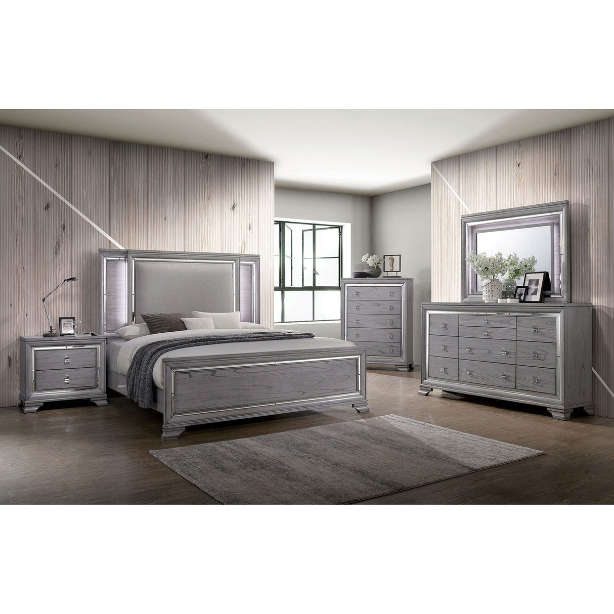 Alanis - 5 Piece Queen Bedroom Set With 2Ns - Light Gray - Home Elegance USA