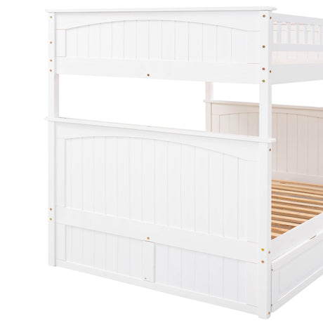Full Over Full Bunk Bed with Twin Size Trundle, Pine Wood Bunk Bed with Guardrails, White （Old SKU:LP000044AAK）
