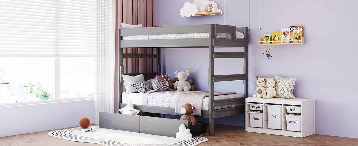 Twin over Twin Wood Bunk Bed with 2 Drawers, Gray - Home Elegance USA